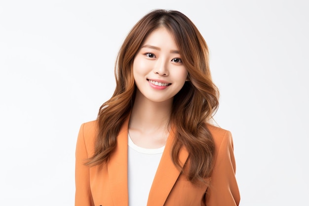 Asian woman wearing orange blazer smiling on white background