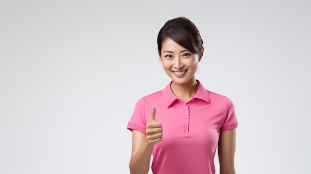 asian woman wearing pink color tshirt with hand pose and style