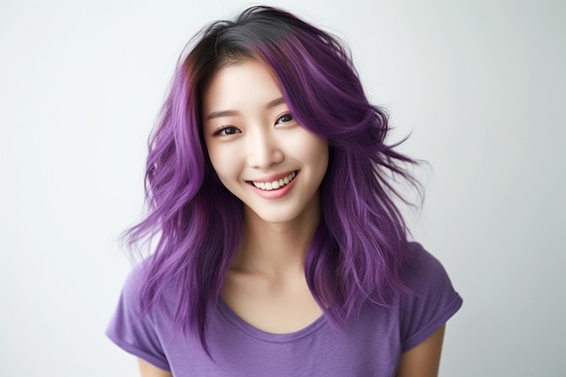 Asian woman wearing purple tshirt smiling on white background