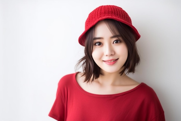 Asian woman wearing red tshirt and hat smiling on white background