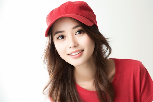 Asian woman wearing red tshirt and hat smiling on white background