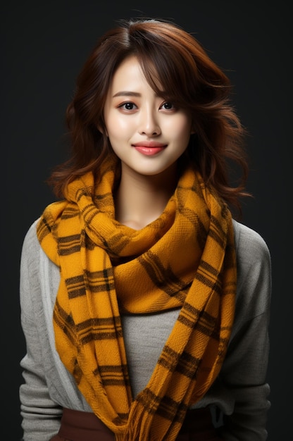 Asian woman wearing sweater and scarf smiling on blurred background