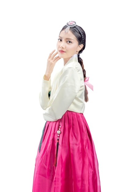 Asian woman wearing a traditional Korean national costume Hanbok standing