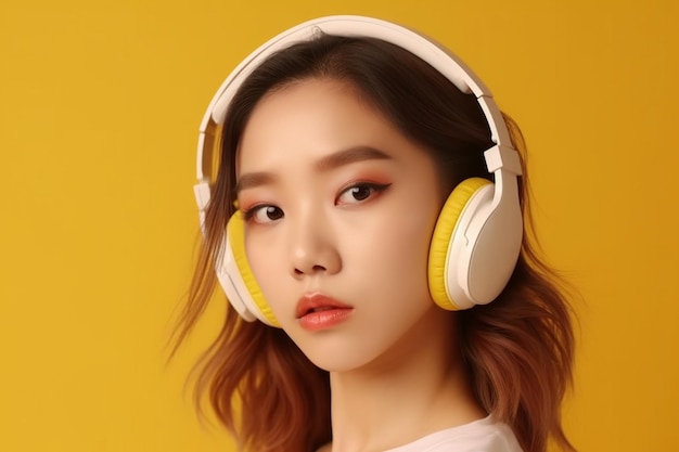 Asian woman wearing white headphones with a yellow background