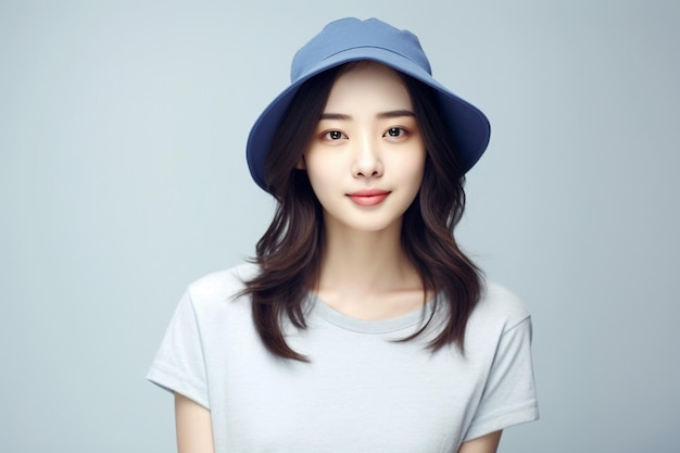 Asian woman wearing white tshirt and blue hat smiling