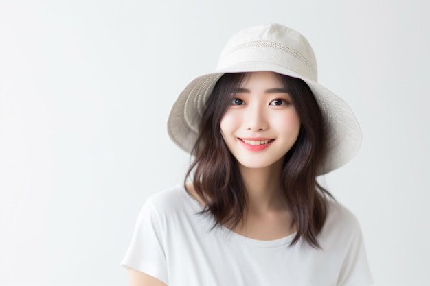 Asian woman wearing white tshirt and hat smiling on white background