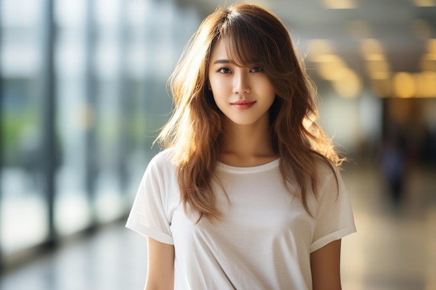 Asian woman wearing white tshirt smiling on blurred background