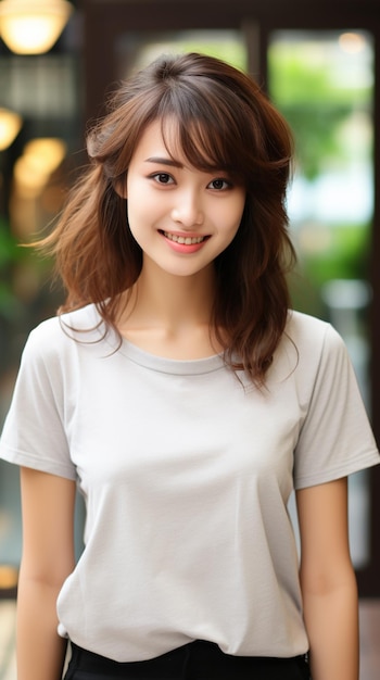 Asian woman wearing white tshirt smiling on blurred background