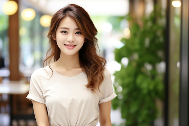 Asian woman wearing white tshirt smiling on blurred background