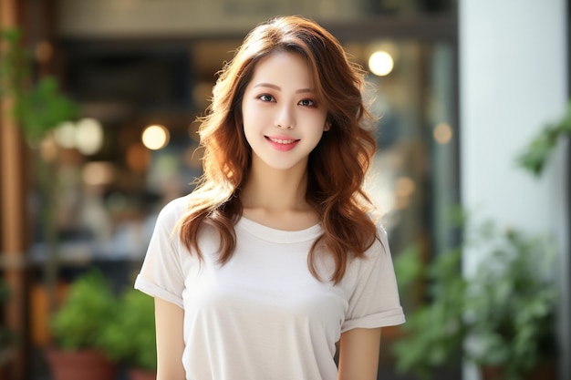 Asian woman wearing white tshirt smiling on blurred background