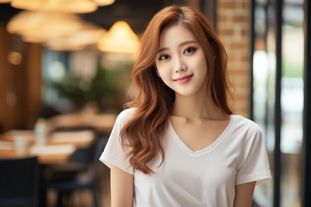 Asian woman wearing white tshirt smiling on blurred background