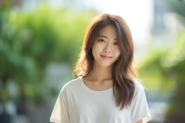 Asian woman wearing white tshirt smiling on the street