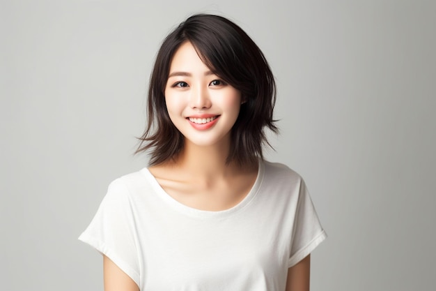 Asian woman wearing white tshirt smiling on white background