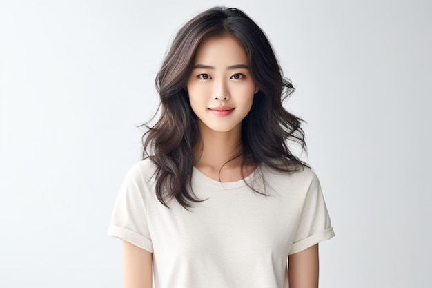 Asian woman wearing white tshirt smiling on white background