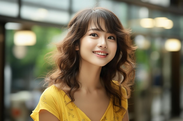 Asian woman wearing yellow dress smiling on blurred background