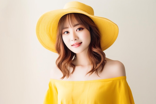 Asian woman wearing yellow dress with hat on white background