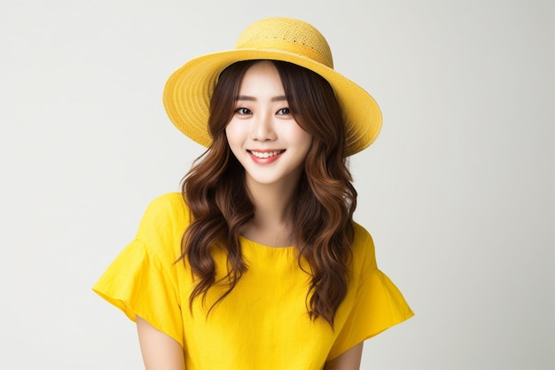 Asian woman wearing yellow dress with hat on white background