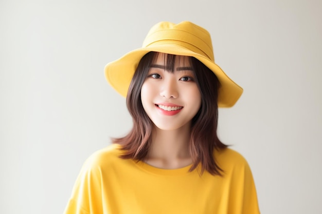 Asian woman wearing yellow tshirt and hat smiling on white background