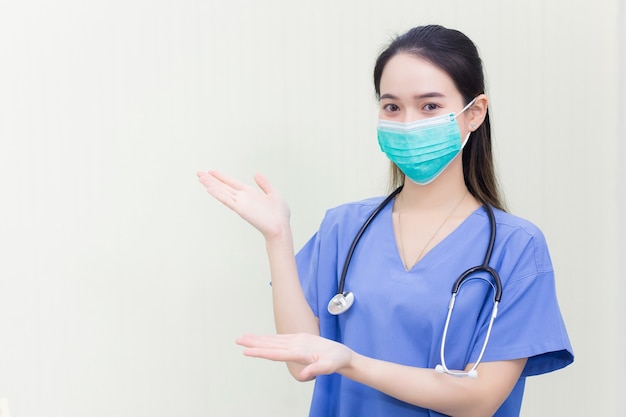 Asian woman wears medical clothing and medical face mask to protect Coronavirus disease 2019