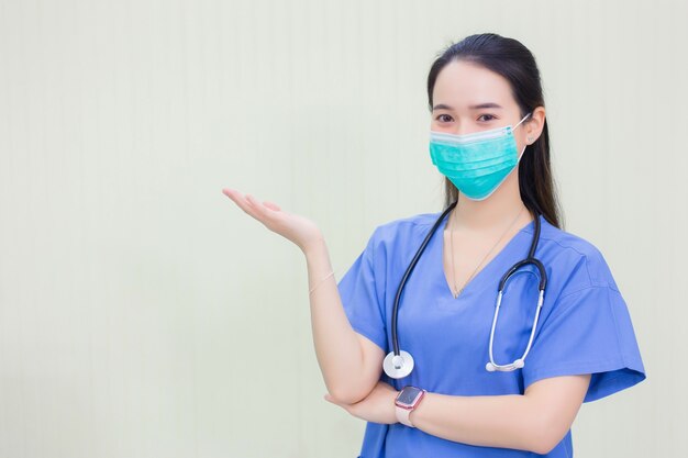 Asian woman wears medical clothing and medical face mask to protect Coronavirus disease 2019