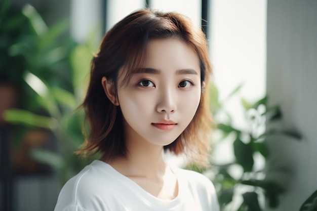 Asian woman in a white shirt stands in front of a plant