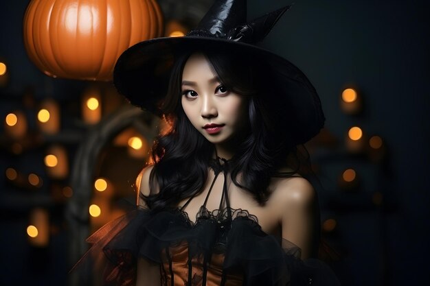 Photo asian woman in witch costume with pumpkin and candle embodying a mystical and glamorous halloween