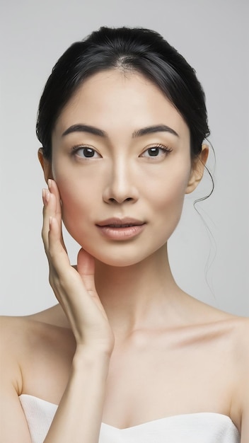 Asian woman with a beautiful face and fresh skin looking at the camera on white isolated background