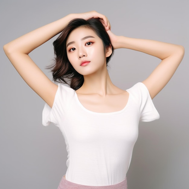 asian woman with a beautiful face and perfect clean fresh skin cute female model rising arm show her