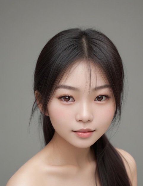 Asian woman with beautiful face and perfectly clean fresh skin cute female model facing the camera