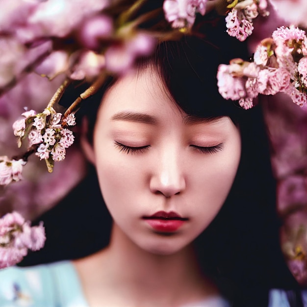 Asian woman with closed eyes and flowers in background 3d rendering