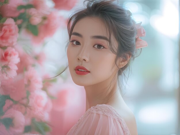 a asian woman with a flower in her hair suitable for beauty and skin care concept