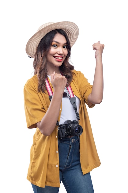 Asian woman with a hat and camera with an excited expression