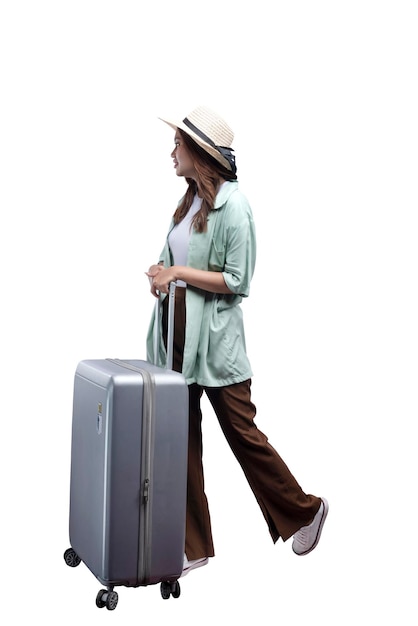 Asian woman with a hat and suitcase