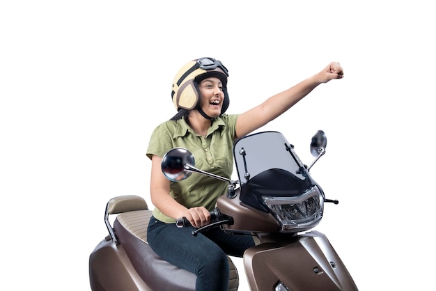 Asian woman with a helmet sitting on a scooter