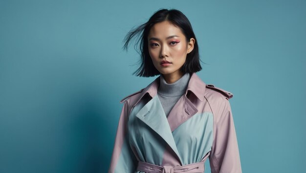 Photo asian woman with long black hair wearing a blue pink coat with a belt standing relaxed