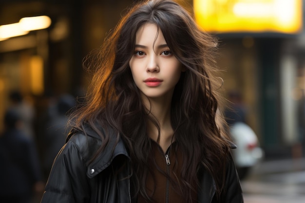 an asian woman with long brown hair standing in the middle of a city street