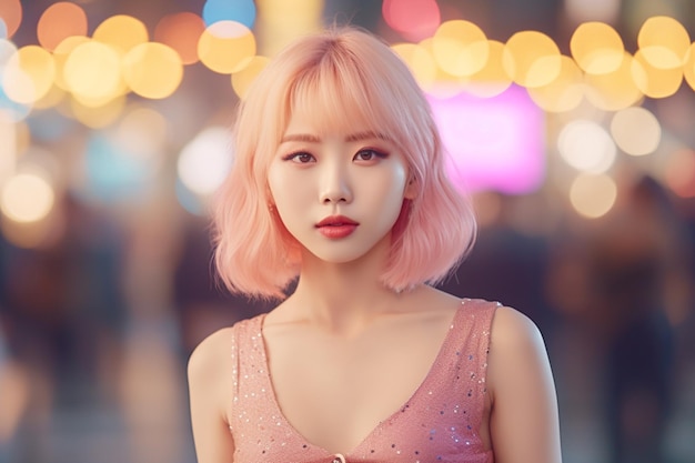 Asian woman with pink hair stands in front of a blurred background with lights in the background