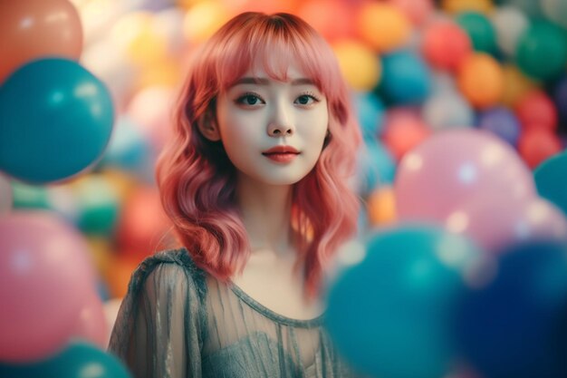 Asian woman with pink hair stands among many balloons