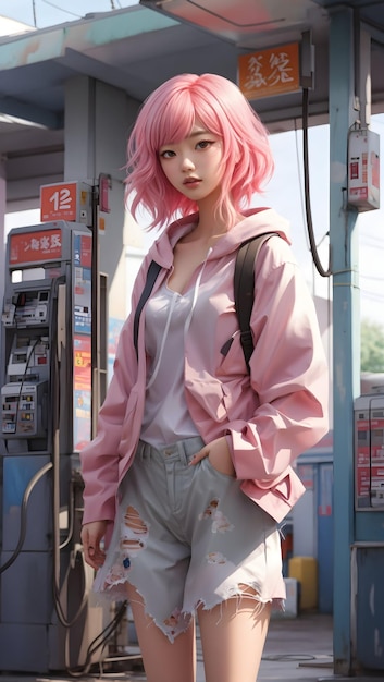 Asian woman with pink hair stylishly dressed in an abandoned gas station Ai generative