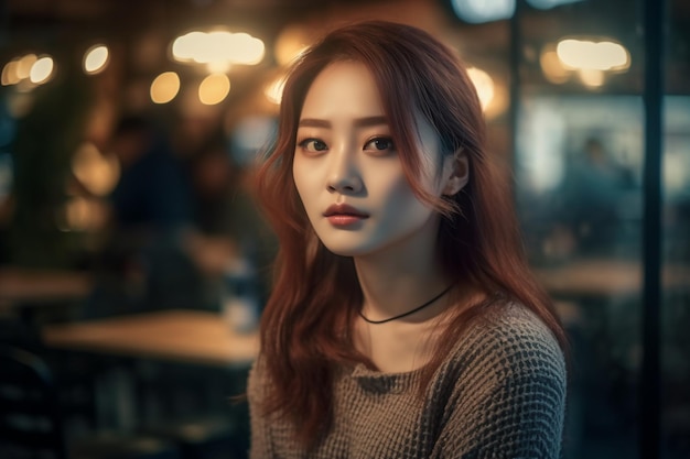 Asian woman with red hair and a sweater sits in a cafe