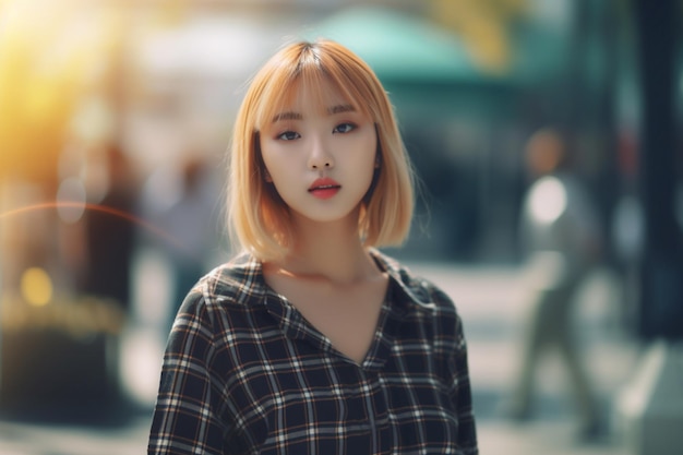 Asian woman with short blonde hair on a blurred background