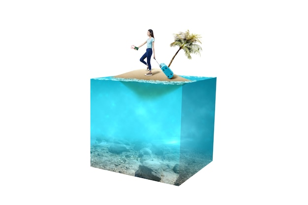 Asian woman with a suitcase holding ticket and passport on a little island with an underwater view of blue water on the ocean. Environment concept