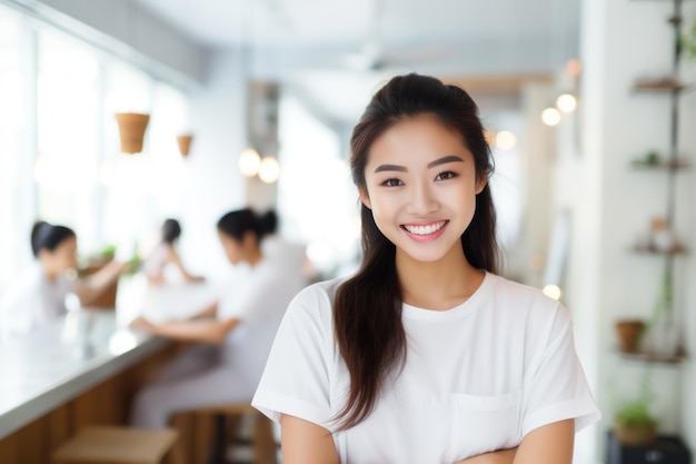 Asian woman working as a receptionist in a beauty spa greets with a warm smile She epitomizes elegance and customer service showcasing the essence of a positive workplace