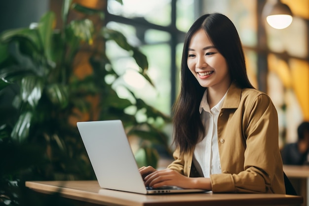 Asian woman working on laptop smiling