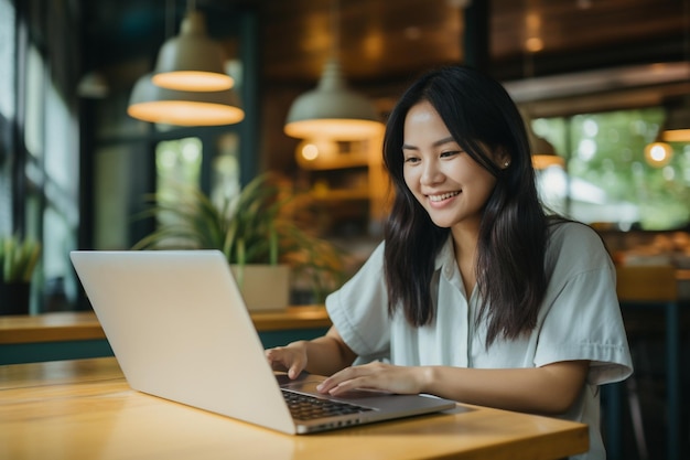 Asian woman working on laptop smiling