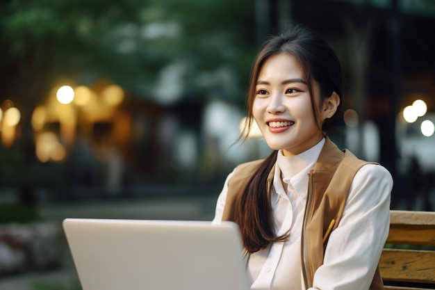 Asian woman working with laptop and smiling