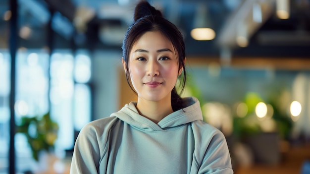 Asian woman in workout clothes on blurred background