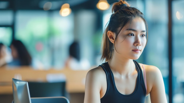 Asian woman in workout clothes on blurred background