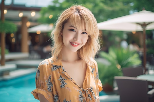 Asian woman in yellow smiling on swimming pool background