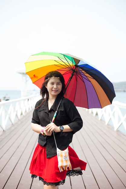 Asian women black shirt Standing holding an umbrella.